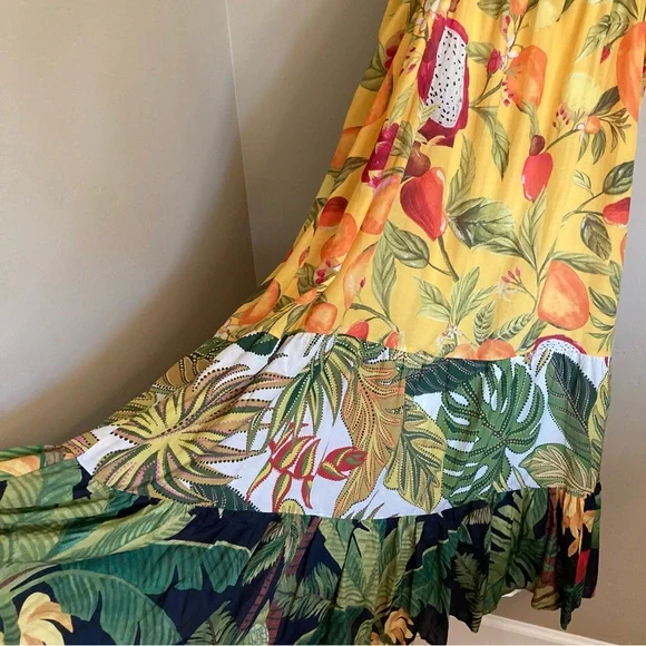FARM Rio Mixed Prints Patch Maxi Dress Beaded Straps Tropical Fruit Size XL - Picture 10 of 16